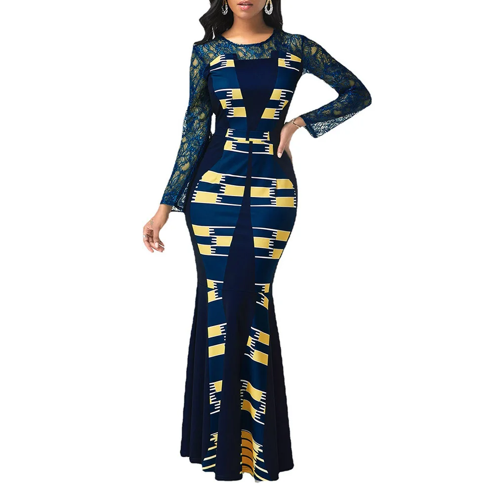 Женское длинное платье с юбкой годе расклешенное Африканским принтом весна 2022