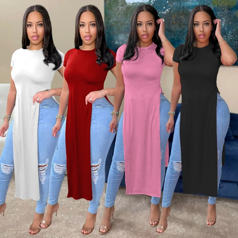 Футболка женская Длинная с Боковым Разрезом модная Повседневная Туника в