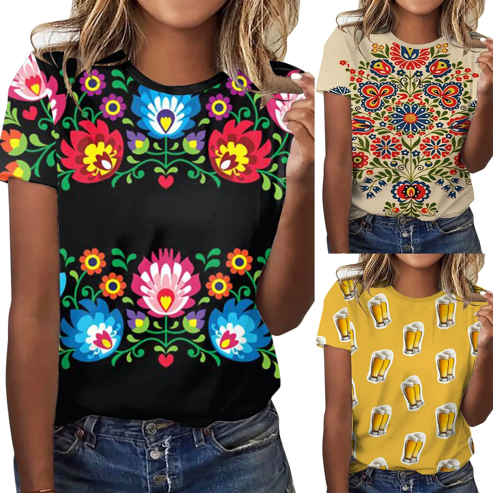 Женский фотографический топ с коротким рукавом и круглым вырезом