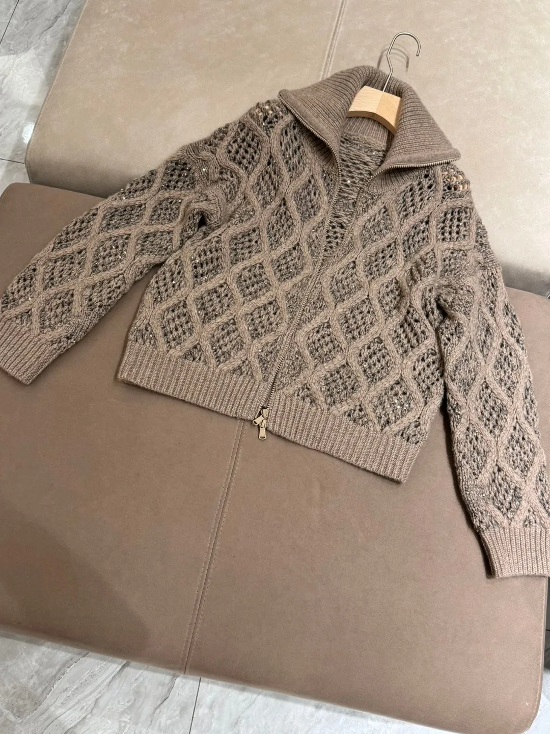 Осенний Женский кашемировый вязаный кардиган с блестками и длинными рукавами