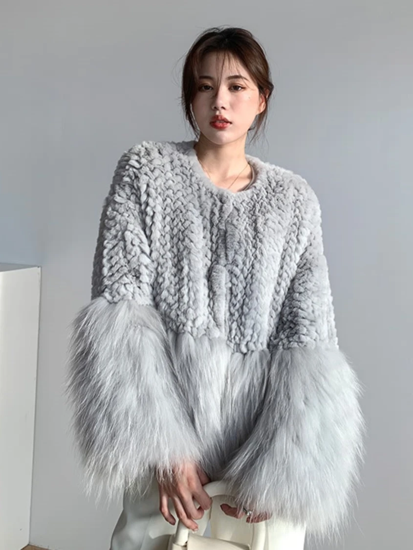 Faux Rabbit Fur Stitching Woven Furry Coat Women 2022 Winter Clothes Korean Style Long Sleeve Loose Thick Warm Faxu Fur Overcoat