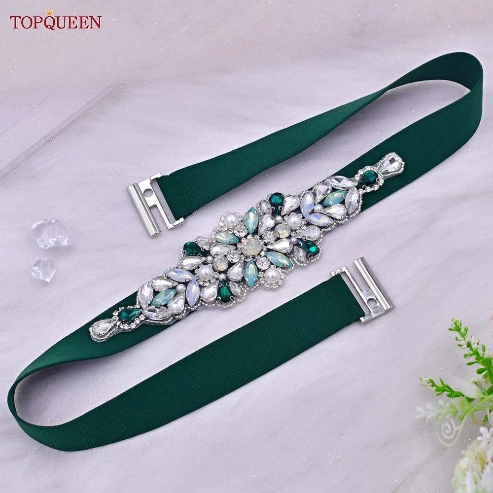 TOPQUEEN S443 Women Elastic Belt Bridal Fashion Green Rhinestone Party Evening Dresses Stretch Sash Wedding Accessory Waistband