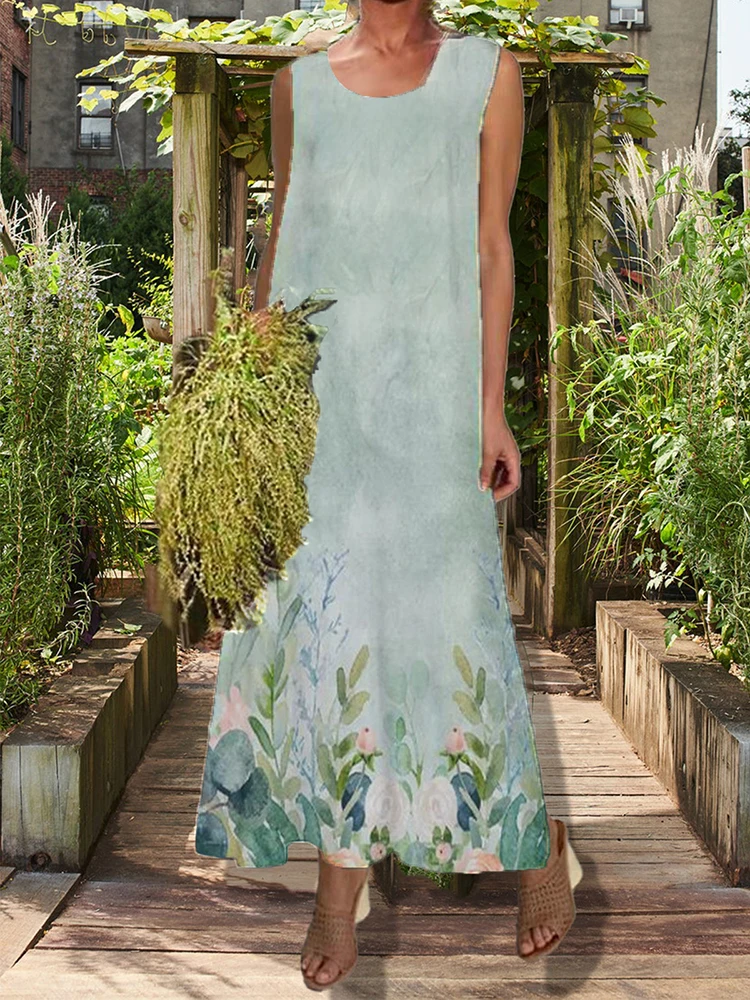 

Casual O Neck Long Dress Vintage Floral Print Loose Beach Dress Women's New Summer Sleeveless Big Swing Holiday Dress Vestidos