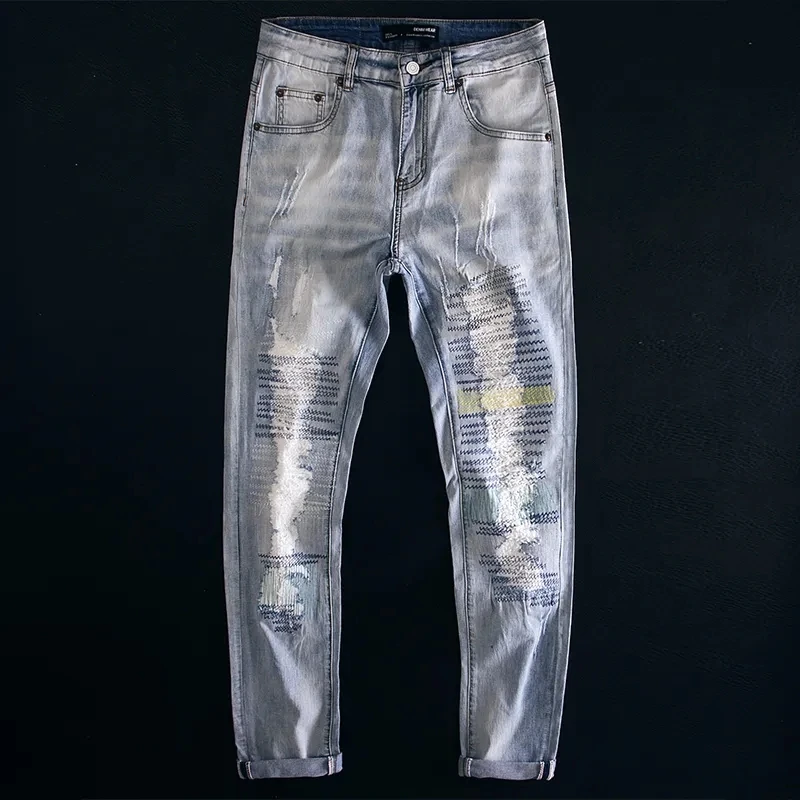 

Джинсы мужские рваные в стиле хип-хоп, винтажные брюки из денима с заплатками, с дырками, модные повседневные байкерские джинсы, синие
