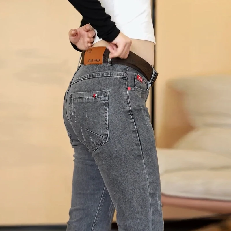 

Новинка весна-осень 2023, модные джинсы, мужские узкие серые брюки в Корейском стиле со средней талией, мужские повседневные джинсовые брюки