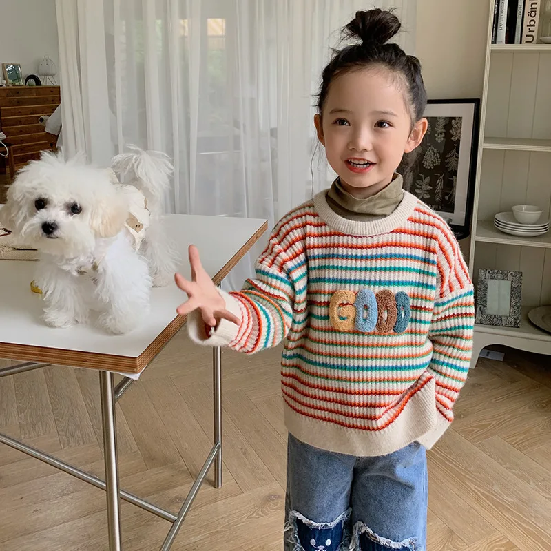 

Детский свитер, Новинка осени 2022, вязаный пуловер с буквами для девочек в Корейском стиле, топ в полоску с круглым вырезом