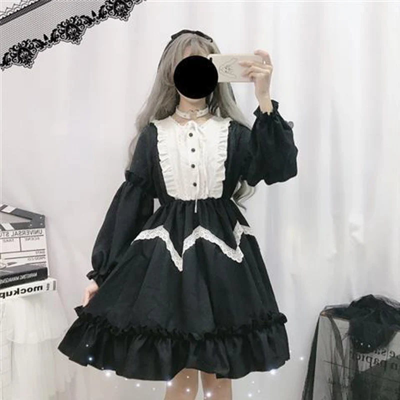 

Cheap Lolita Dress Ruffles Kawaii Sweet Womens Daily Clothes Student A Line Japanese Style Teengager Girl Lace Patchwork Party