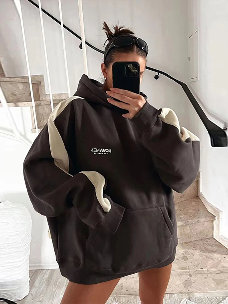 

Jyate Ретро Лоскутные толстовки с капюшоном с длинным рукавом повседневные плюс бархатные женские толстовки с надписью свободные пуловеры дл...