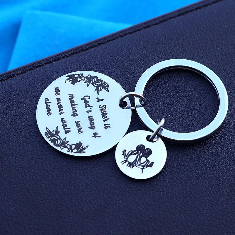 

2022 New Stainless Steel Round Brand Key Chain Sister Pendant Gift 28mm Silver Key Chain Black Key Chains for Women
