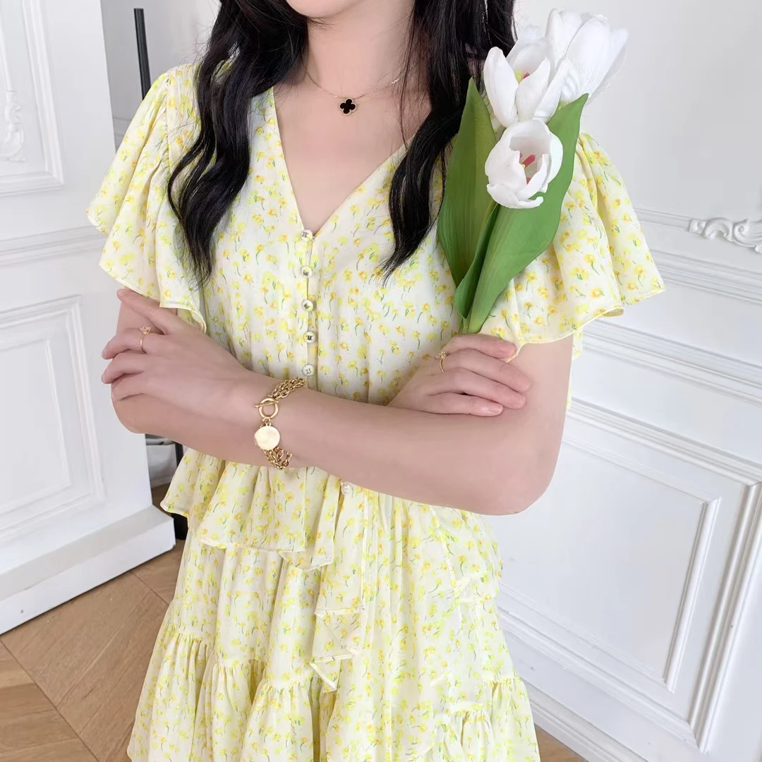 

Женское мини-платье с оборками, однобортное платье с цветочным принтом, весна-лето 2021