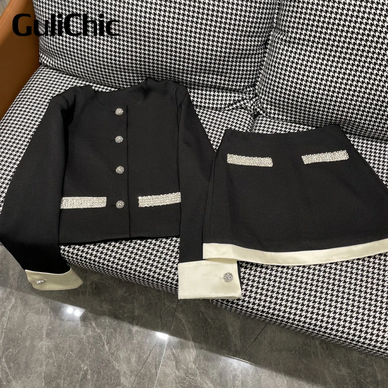 

12.7 GuliChic Women Luxury Elegant Contrast Color Pocket Rhinestone Round Neck Short Jacket + A-Line Skirt 2 Piece Set