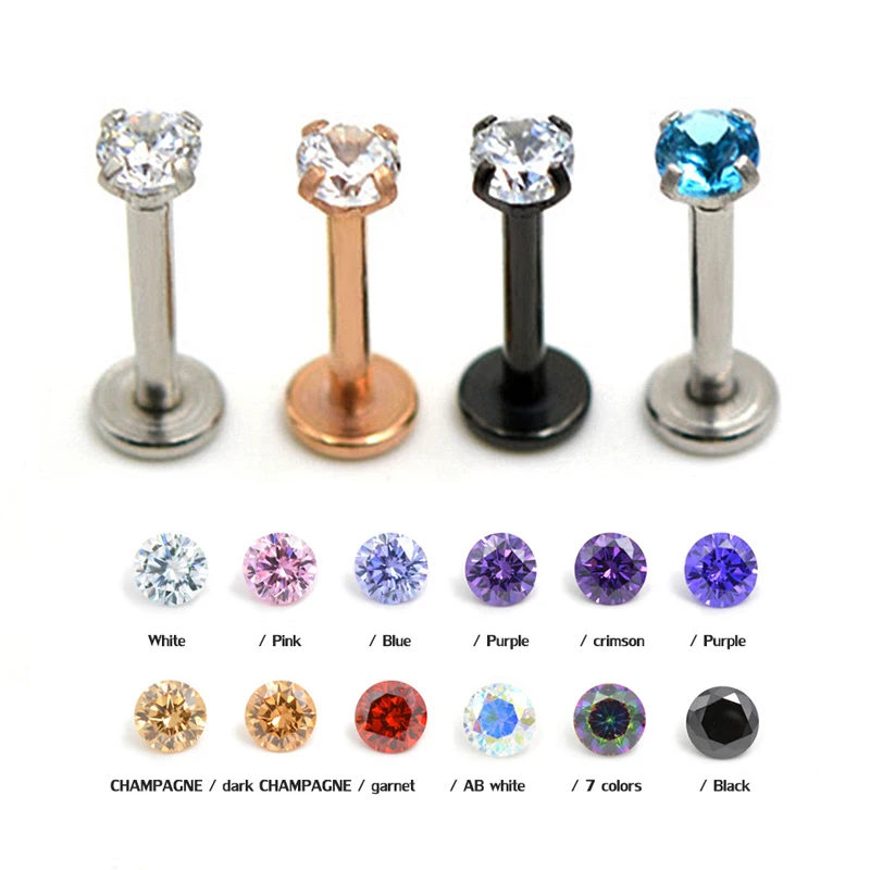 

5A grade 3mm round zircon lip nail human body puncture 316L stainless steel inner tooth lip nail multi-color optional