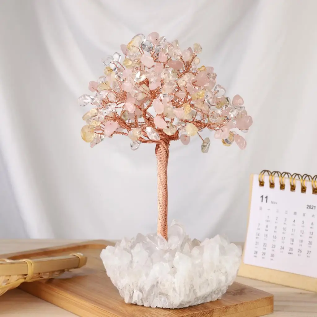 TUMBEELLUWA Natural Crystal Money Tree With Rock Quartz Cluster Base Reiki Healing Gemstone Craft For Luck And Wealth Home Decor
