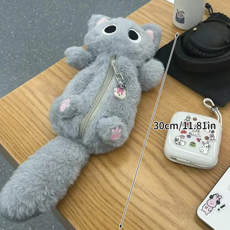 Серая плюшевая сумка для ручек с котом милая настольная мультяшная хранения