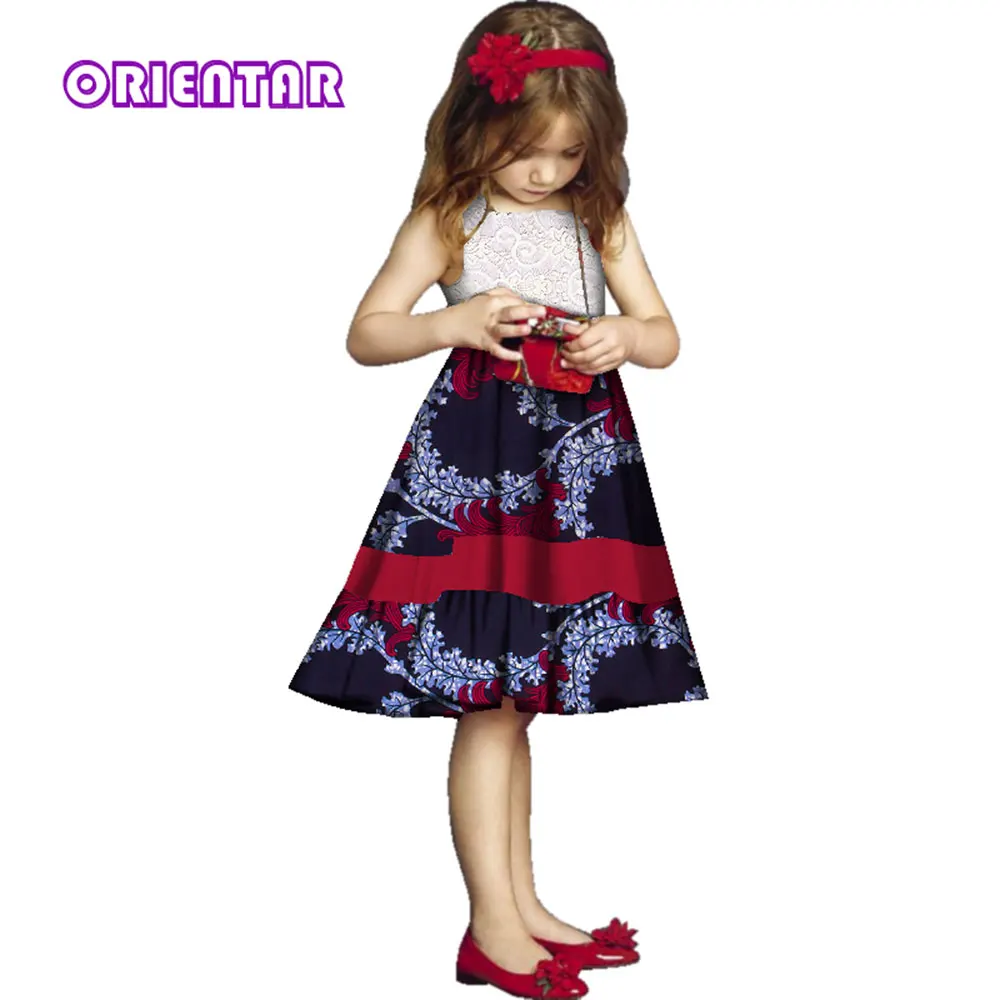 

Cute Kids Girl African Style Princess Dress African Print Sleeveless Dresses with White Lace Children Dress Ball Gown WYT275