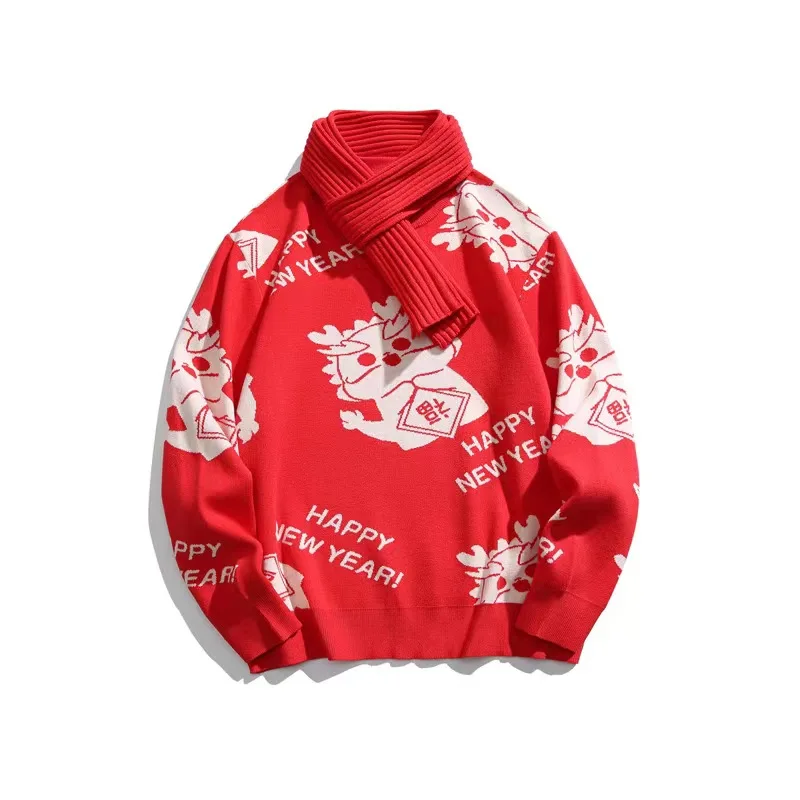 Китайский новогодний красный свитер Loong Element для мужчин и женщин модная свободная