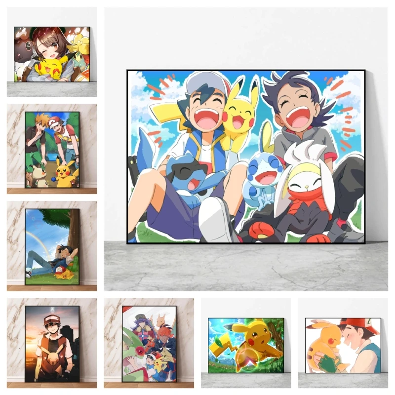 

Canvas Prints Pokemon Ash Ketchum Pikachu Setting Sun Wall Decoration Classic Hanging Gift Art Poster Toys