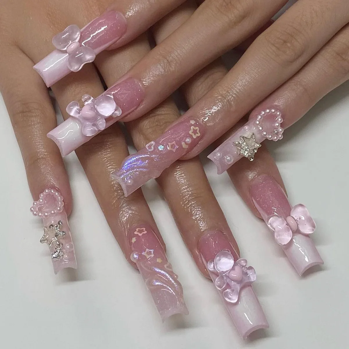 

24pc summer white French artificial nail with designs y2k butterfly press on nails long ballet coffin fake nails with rhinestone