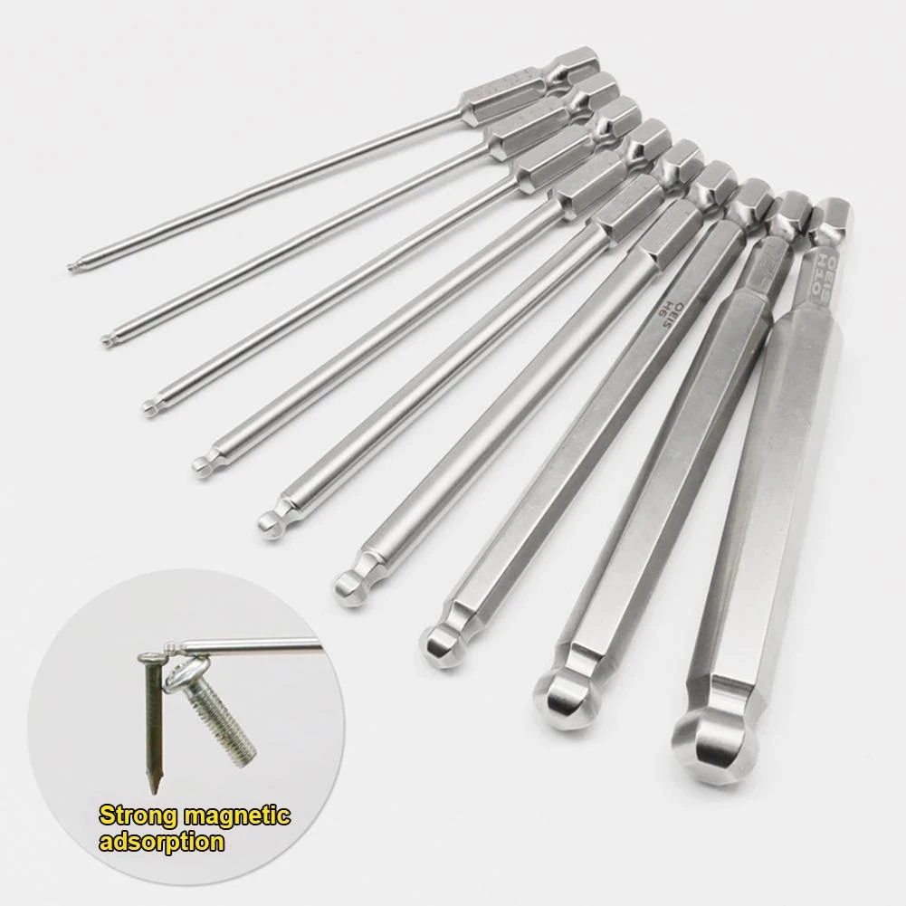 

Ball End Hex Screwdriver Bits Set Metric Allen Hex Bit 100mm Long Magnetic Ball Head Driver Bit H1.5 H2.5 H3 H4 H5 H6 H8 H10