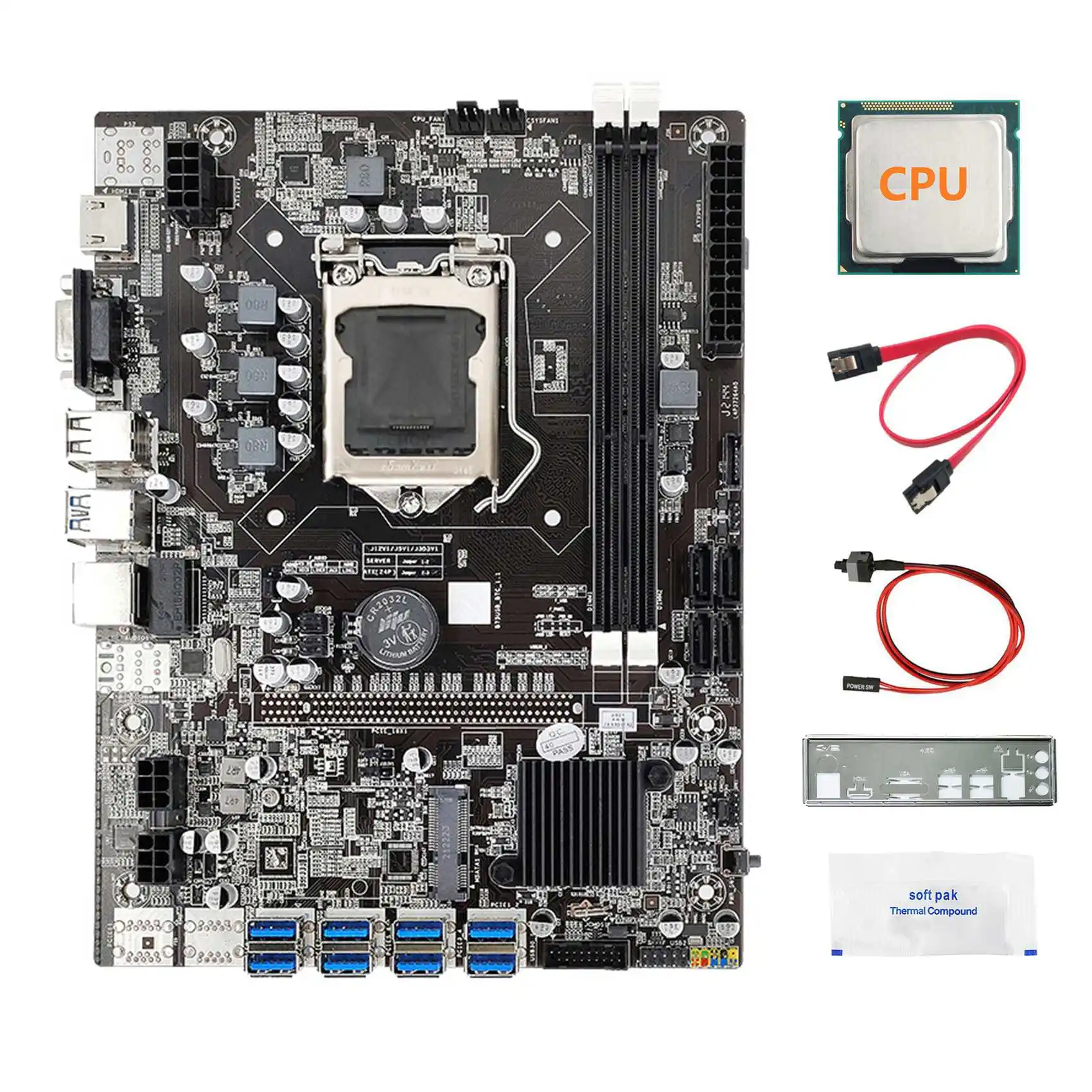 

B75 8USB ETH Mining Motherboard+CPU+Baffle+SATA Cable+Switch Cable+Thermal Grease LGA1155 B75 USB BTC Miner Motherboard