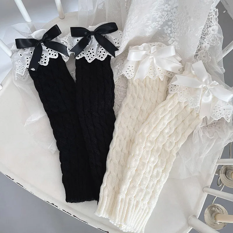

Calf Socks for Women Student Twist Knitted Cute Ruffled Lace Bowknot Leg Warmers Thigh Bands Fur Leg Warmers