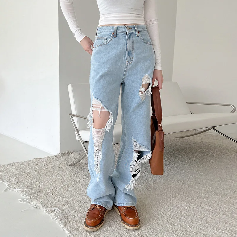 

Women's 2022 summer new high waist hot girl style street INS the same fashion casual ripped white straight jeans