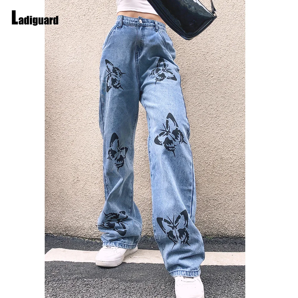 Ladiguard High Waist Denim Pants Women's Straight Leg Jeans Boyfriend Vintage Butterflies Print Jeans Pants Vaqueros Mujer 2023