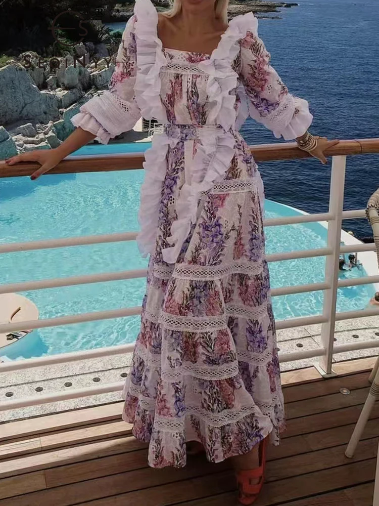 

Женское праздничное платье-миди SEQINYY, летнее, весеннее, новое, модное, дизайнерское, подиумное, уличное, кружевное, Повседневное платье с оборками и цветочным узором