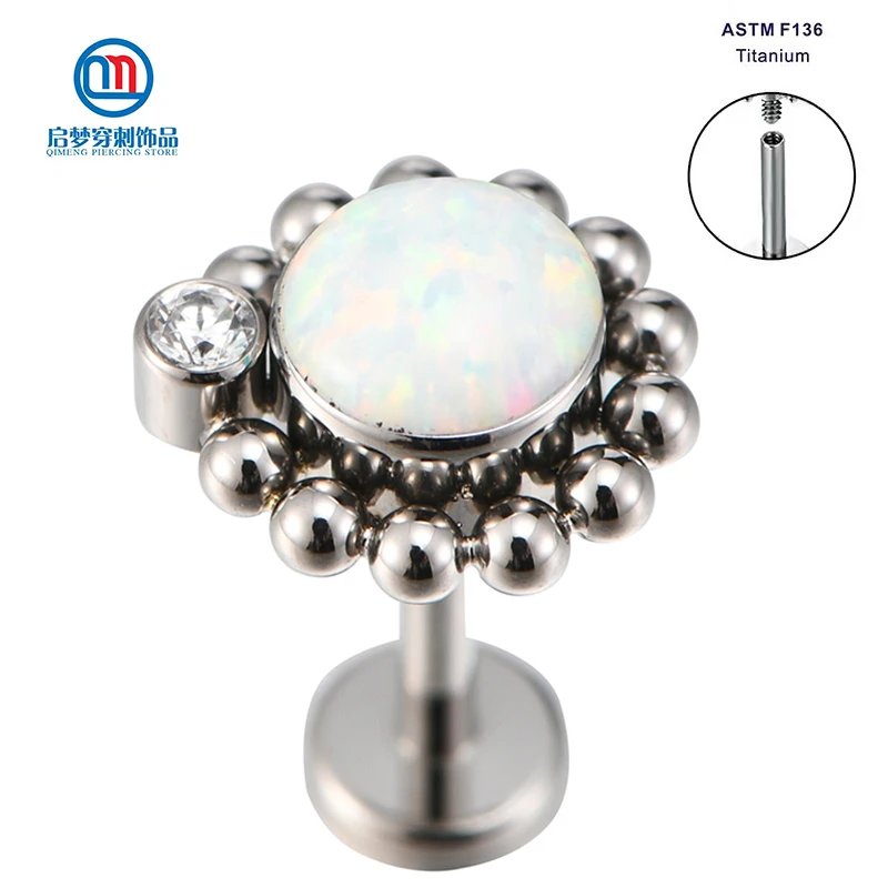 

ASTM F136 Titanium Internally Threaded Labret Stud with White Opal Flower Top Helix Tragus Cartilage Bar Piercing Jewelry