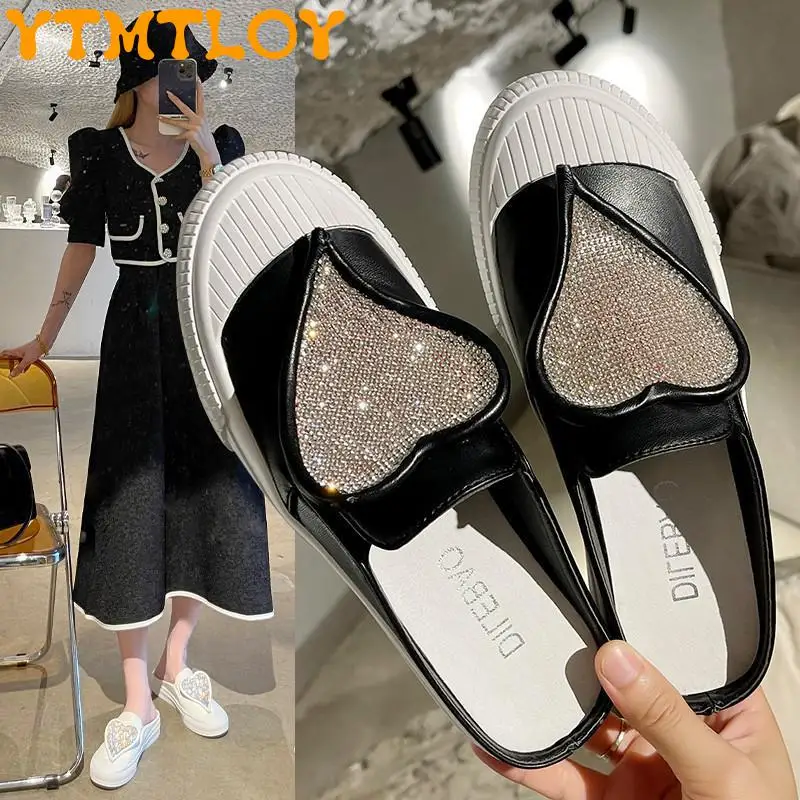 

European Station 2021 New Hot Style Baotou Half Slippers Women Summer Outer Wear Love Sequins Flat Heelless Lazy Shoes Women