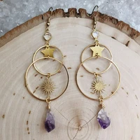 star and sun earrings natural purple quartz crystal drop earrings gifts for her space earrings boho ethnic jewelry