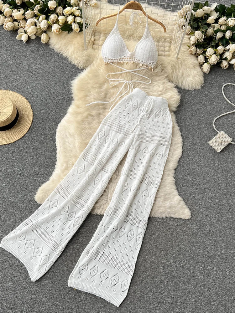 

YuooMuoo Vacation Season Women Summer Two Piece Suits Sexy Bikini Cami Tops + Hollow Out Long Pants Fashion Beach Sets