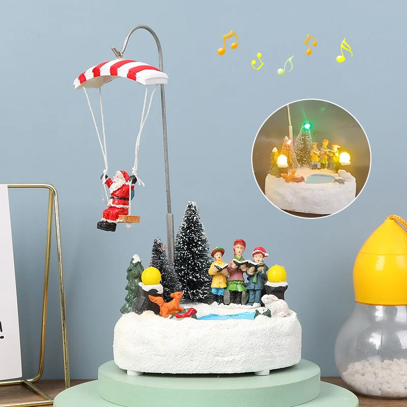 

LED Luminous Rotating Music Box Christmas Village Resin House Santa Claus Pine Tree Xmas Festival Ornaments Crafts Decoration