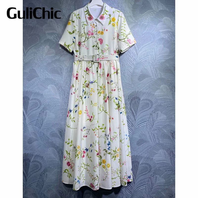 

5.12 GuliChic Women Temperament Floral Print Turn-Down Collar Beading Decorate Single Breasted Short Sleeve With Belt Long Dress
