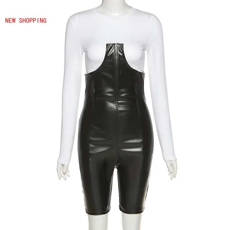 Sexy Women Set Casual Stretchy Crop Tops+Faux PU Leather Overalls Pants Matching Two Piece Sets Slim Fitness Workout Clubwear