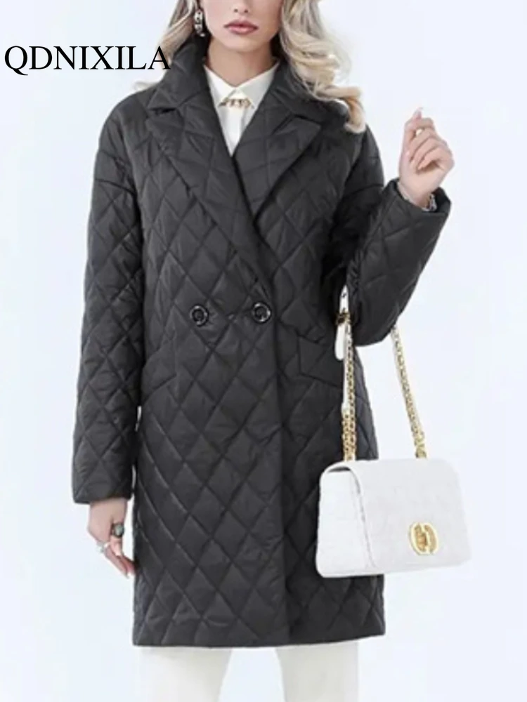 

Women's Coat 2023 New in Clothing Slim Fitting Tie Collar Long Sleeved Plaid Pattern Long Buttoned Cotton Winter Coat for Women