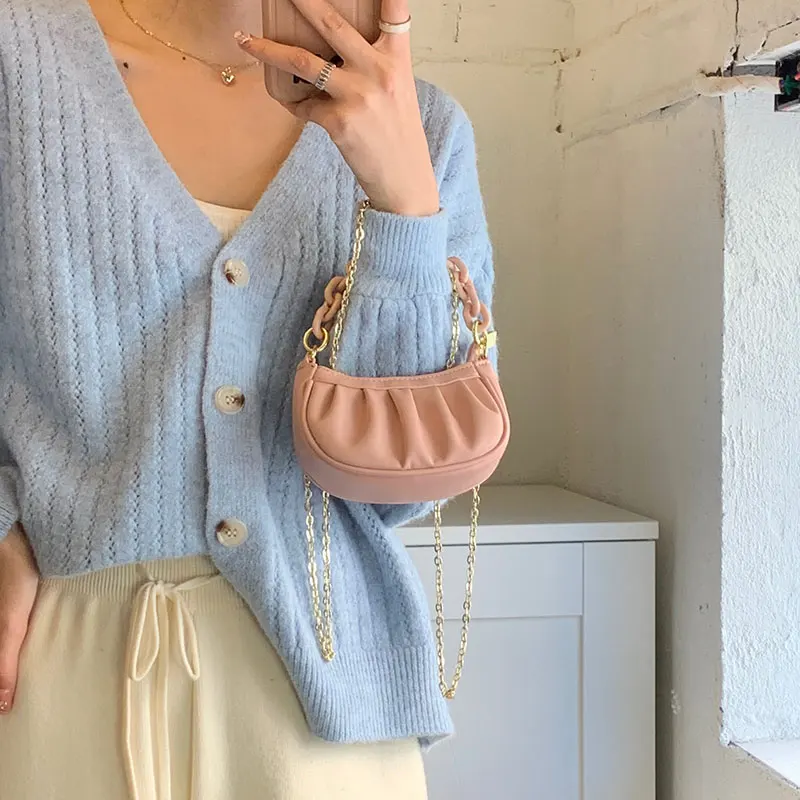 Women's Mini Handbag Pleated Lipstick Bag Girl's Small Shoulder Bag Chain One-Shoulder Messenger Dumpling Bag Small Cute New