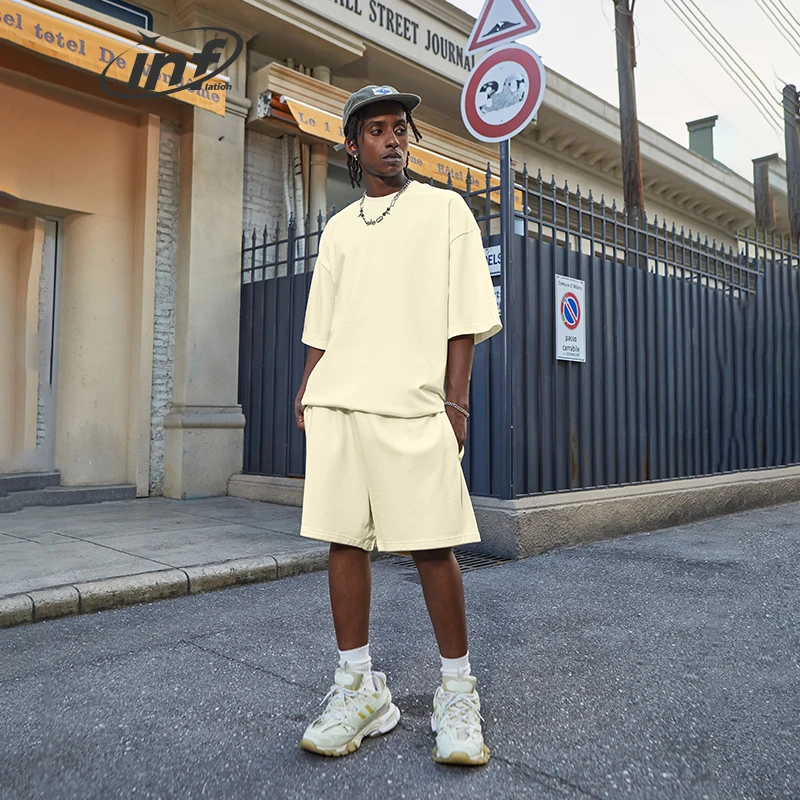 INFLATION Summer Heavyweight 100% Cotton Tracksuit Set Unisex Candy Color Oversize Tshirts and Shorts Set (not 100% same color)