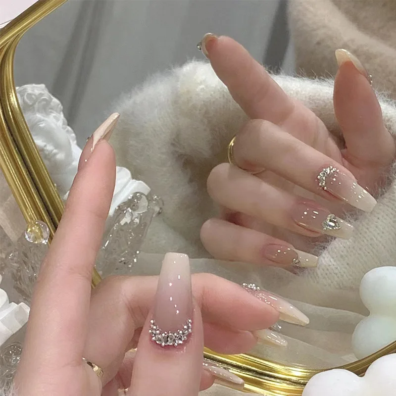 

24pcs/ box Art Fake Nails Japanes Reusable Nails Pink Ballet False Nials Rhinestone Love Heart Full Cover Press On Nails Tips