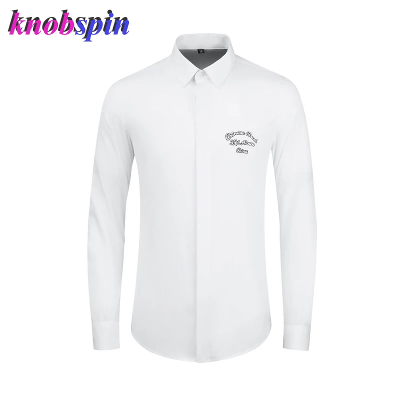 

Kobspin 80% Cotton Shirt Men Casual Slim Long Sleeve Business Male Dress Shirts Elegant Letters Embroidery Chemise homme M-4XL