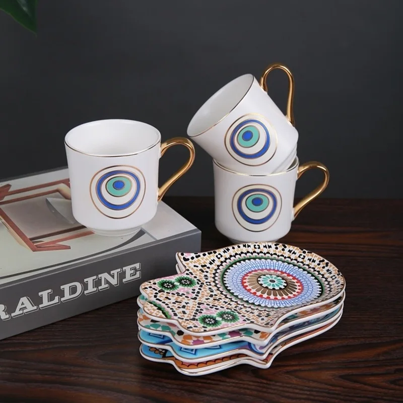 

Turkish Coffee Cup and Saucer Set Devil's Eye Hamsa Hand Dish European Retro Hanging Ear Creative Ceramic Cup Gift