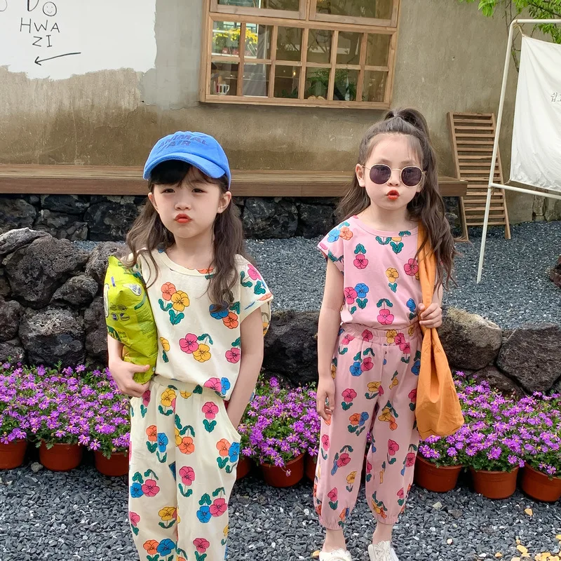 

Summer Girls Flowers Sets Baby Short Sleeve T Shirt + Loose Ninth Pants Korean Fashion Kids Outfits Children Casual Clothes 1-7Y