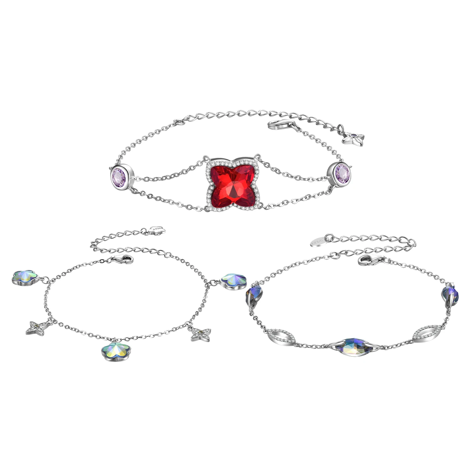 

OGULEE 925 Sterling Silver Clear Round Genuine Lucky Red Clover Chain Bracelets for Women Authentic Silver Crystal Jewelry Gift