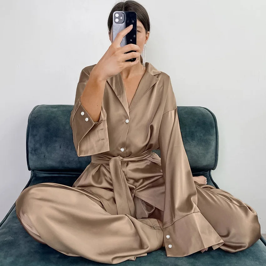 

Solid Color Pajamas For Women Robe Sets Full Sleeves Women's Home Clothes Trouser Suits Satin Nightgowns Spring 2022 Loungewear