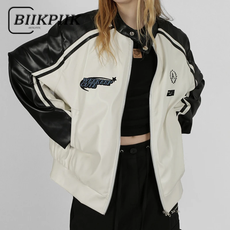 

BIIKPIIK Moto&biker Contrast-color Embroidery Leather Jacket For Women Streetwear Side Stripe Appliques Autumn Coat Trend Outfit