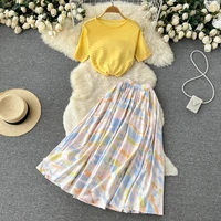 women summer two 2 piece set office ladies elegant knitted short sleeve blouse tops and printed high waist pleated long skirts