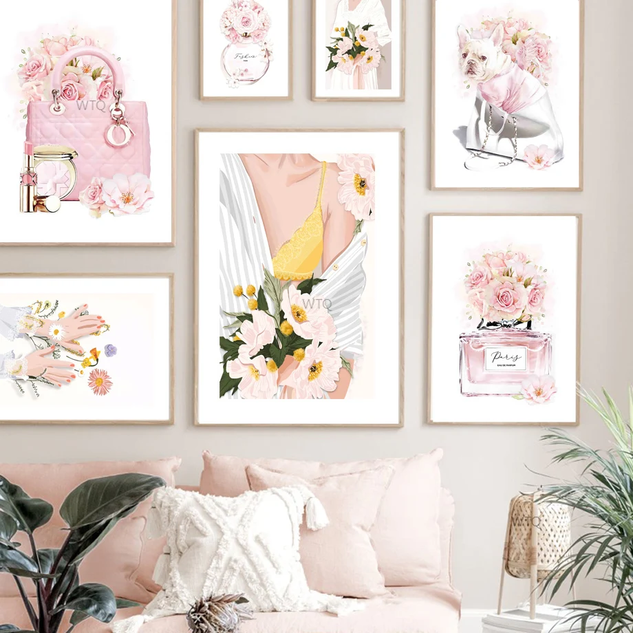 

Flower Paris Perfume Bag Fashion Sexy Girl Wall Art Print Canvas Painting Nordic Poster Modern Decor Pictures For Living Room