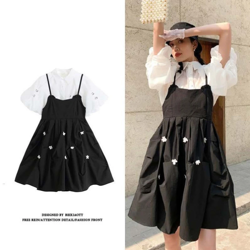 

French Black Suspender Dress Harajuku Female Spring Summer Embroidery Flower Hepburn Style Little Black Dress Women Clothes