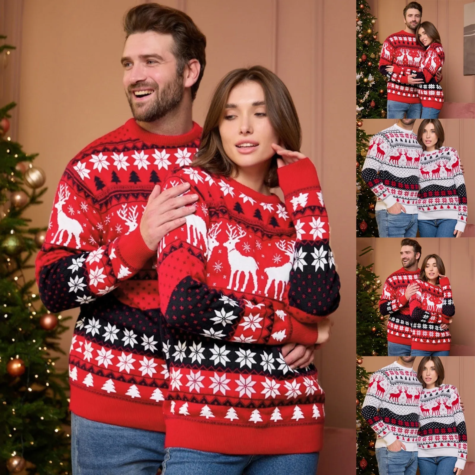 

Couple Christmas Costume Christmas Print Stripe Pattern Round Neck Sweater Autumn And Winter Couple Pullover For Men And Women