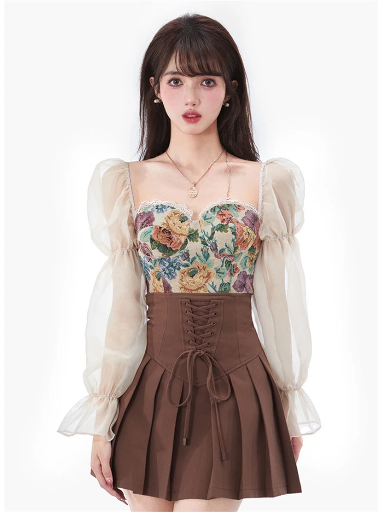 

HOUZHOU Elegant Vintage Pleated Mini Skirt Women Floral Crop Tops Summer Two Piece Suit Sweet Bandage High Waist Skirts Chic